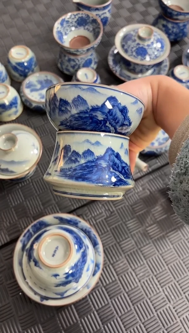 盖碗陶瓷景德镇陶瓷茶具老陶泥千里江山茶漏