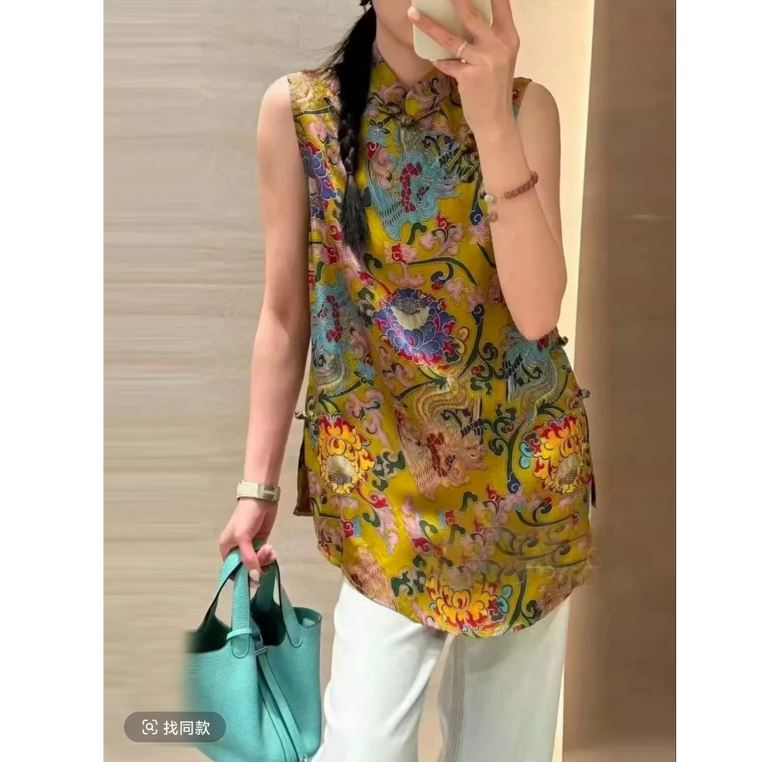 615奥黛【繁花凤凰】国风新中式夏季洋气复古立领斜襟中长款女上衣