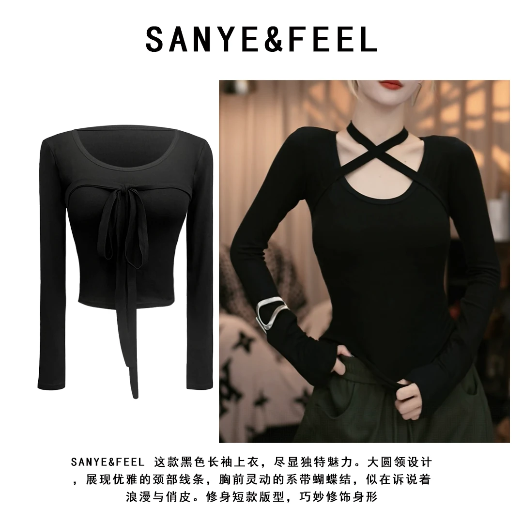 sanye&feel/妍三也【时髦比例】秋季新款蝴蝶结绑带长袖上衣53060YX