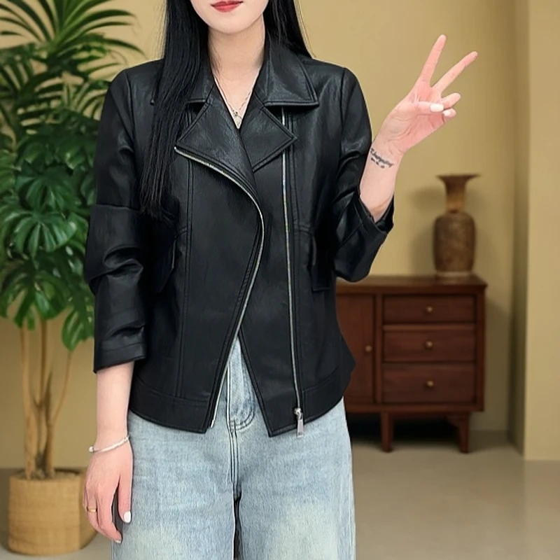 2025年新款拉链式翻领PU皮衣外套设计感小众气质皮夹克Q14