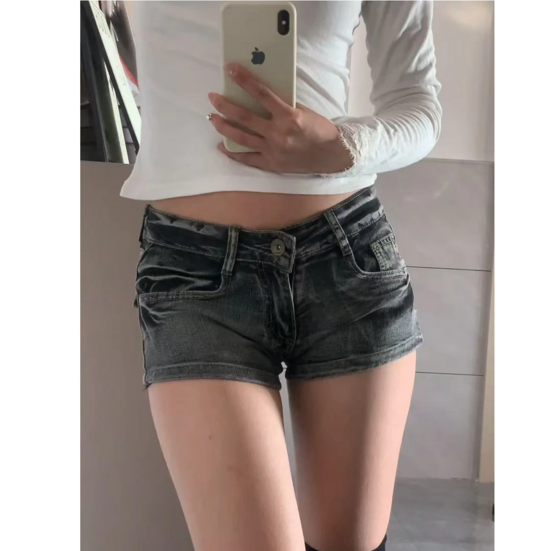 【周周工厂直销】低腰黑灰色水洗裂纹复古牛仔短裤女辣妹夏季热短裤