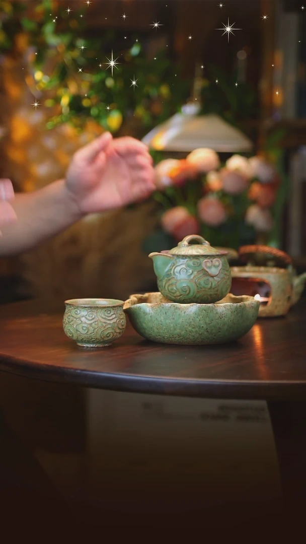 【闪购商品】绿满祥云手抓+绿满祥云腰鼓杯+绿荷叶壶承