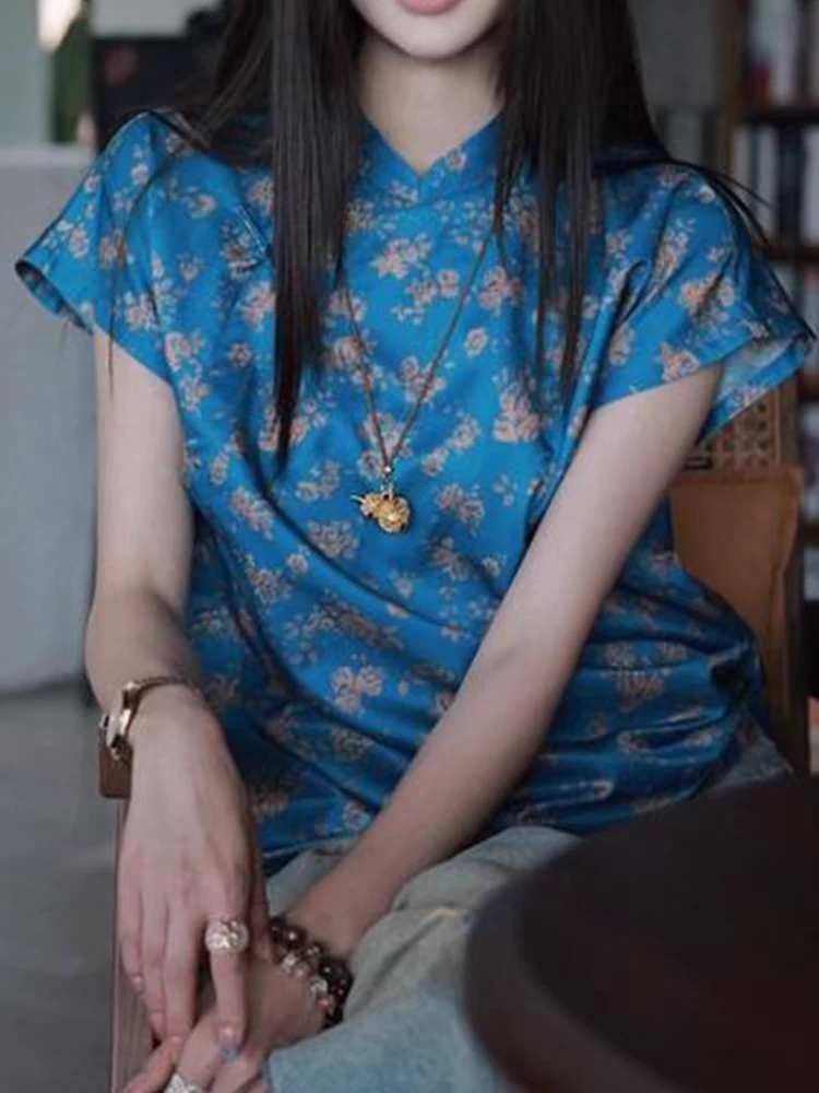2025超火夏装新中式国风小衫气质奢华大牌高端蓝色印花衬衫上衣女