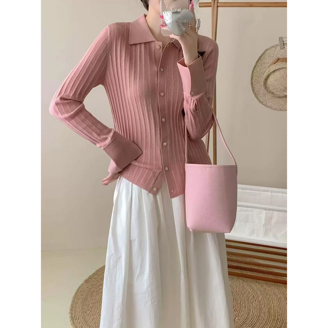 100精纺绵羊毛可机洗POLO领女式羊毛开衫25DAK0099