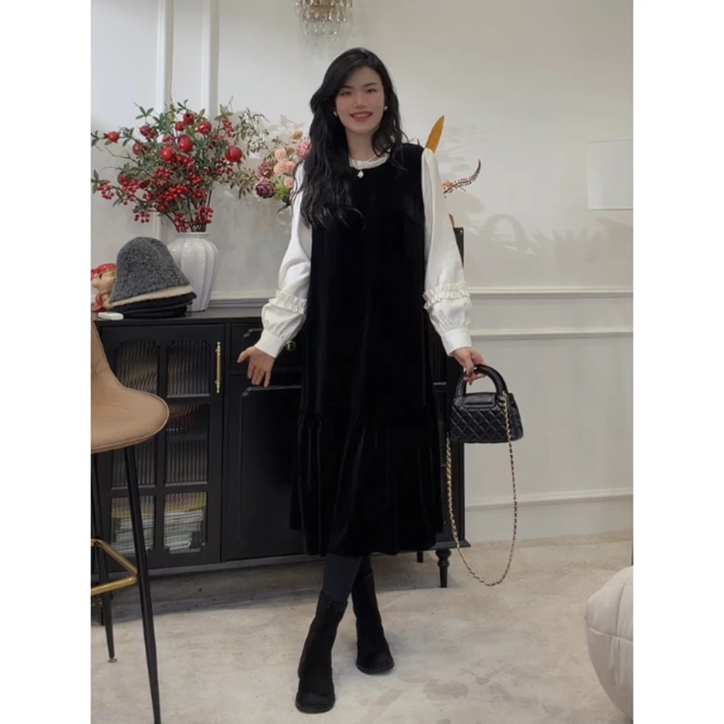 【南法庄园】丝绒假两件长裙女冬显瘦长短款连衣裙