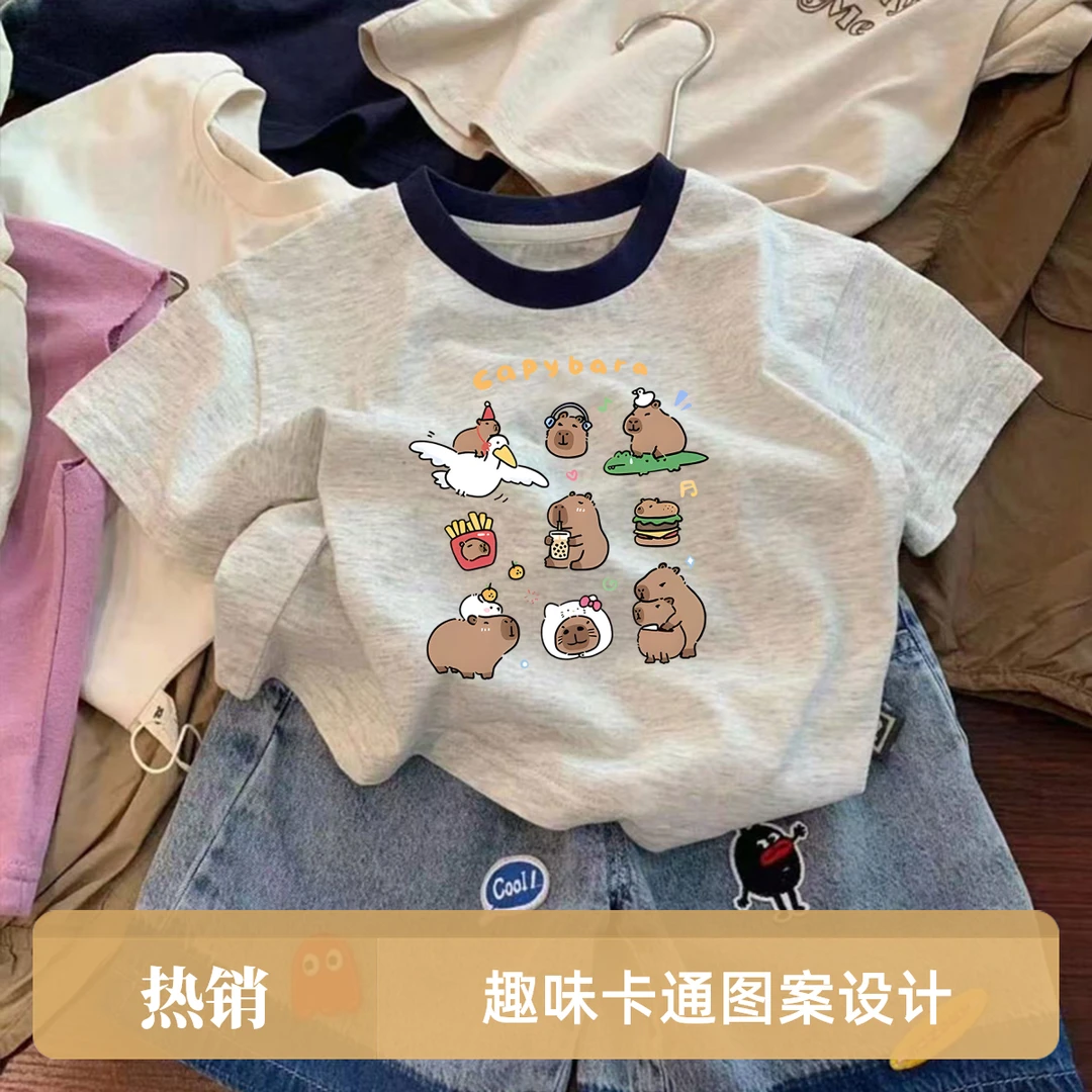 女童t恤2025纯棉卡皮巴拉印花夏季儿童宽松透气上衣中小童短袖t恤
