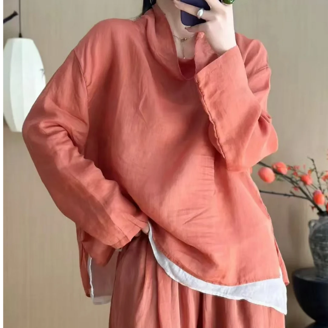 春夏新款苎麻女装100织大码堆堆领套头国风纯色上衣套头衫