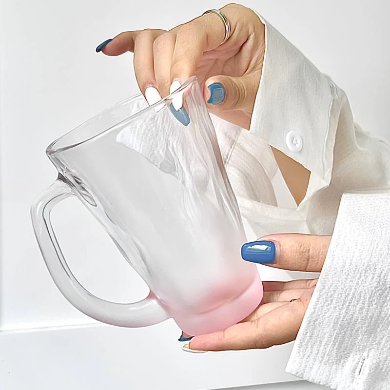 少女心渐变粉色玻璃杯 中古带把手水杯高颜值家用网红ins咖啡杯子