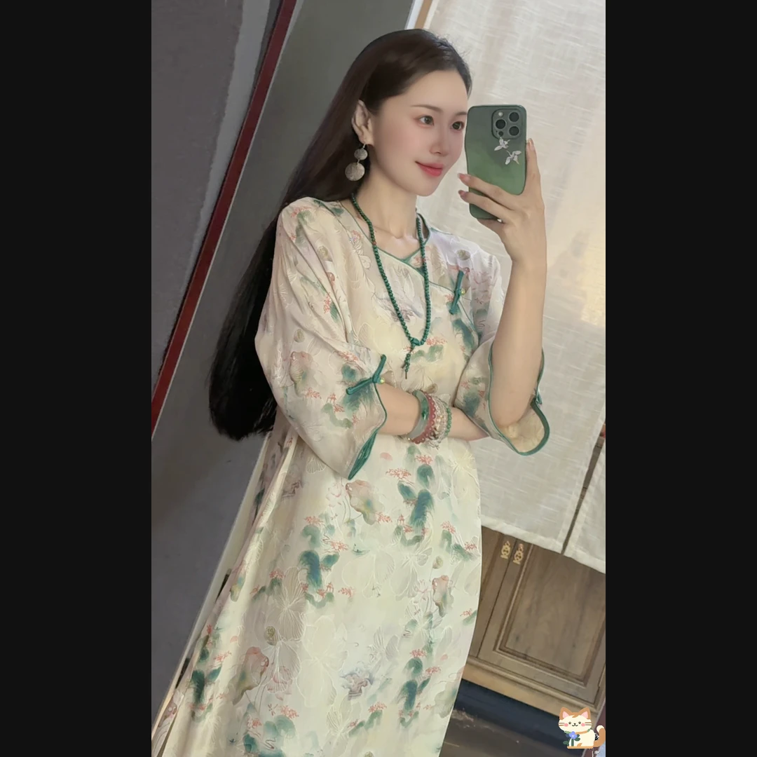 十万八千梦 芳华设计新中式复古提花长裙国风百搭斜襟长裙FH-B039