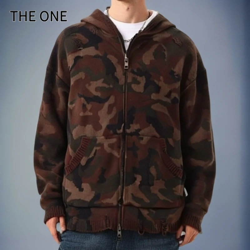 25秋季新款微宽松痞帅迷彩卫衣外套休闲慵懒风连帽针织开衫