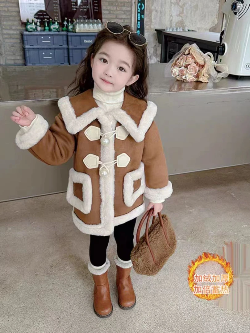 现货X055女童冬季加绒翻领外套