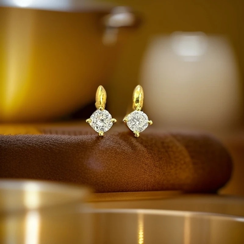 18k金镶嵌天然钻石10分迷你四爪耳钉一对DZ