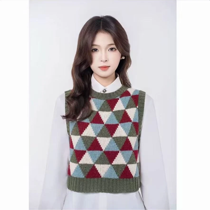 AMASS/阿玛施短款针织秋冬复古百搭撞色几何休闲马甲背心5399467