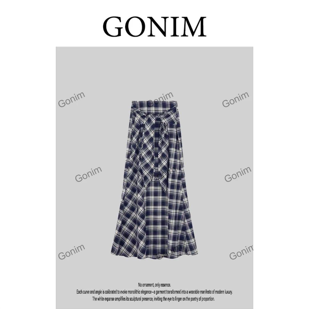 Gonim·"格纹系带"2025夏季新款裙子格纹时尚感女中长款长裙