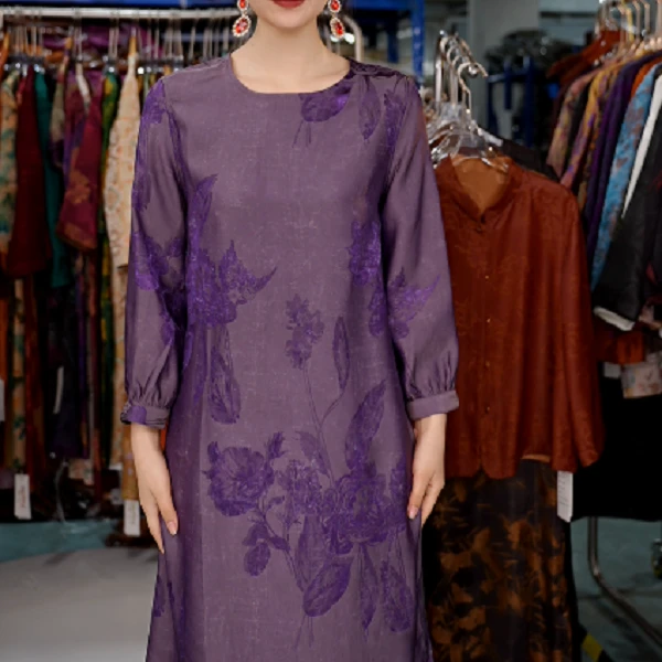 0023高端中式印花中袖连衣裙