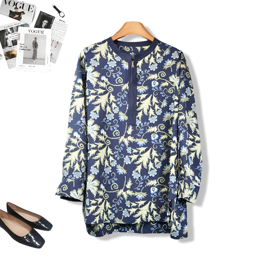 爆款大码复古时尚印花拉链侧开叉宽松衬衫女春夏防晒上衣