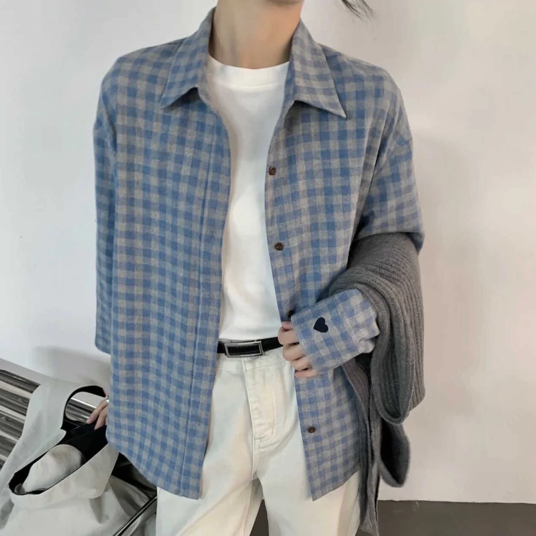 【成衣水洗】单排扣格纹磨毛衬衫