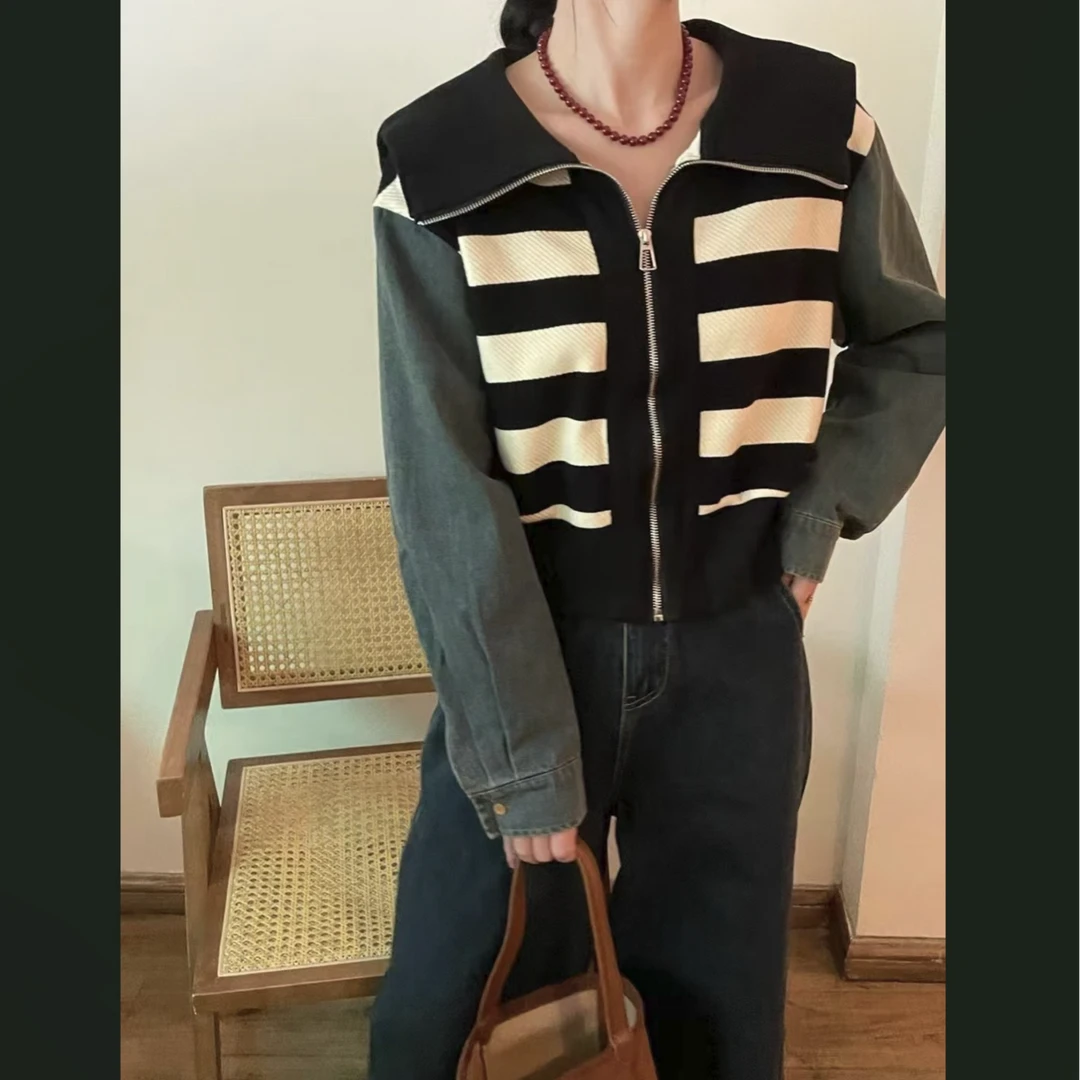 （柚子同款）ZJ条纹拼接软牛仔假两件上衣6968(28103)