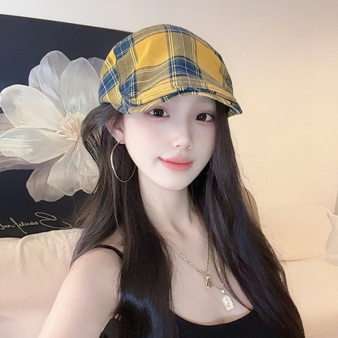 黄格子前进帽子帽辣妹小众设计感女显脸小四季百搭甜酷休闲可调节