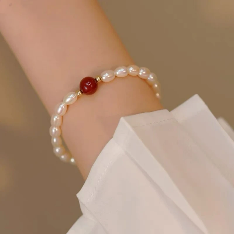 天然淡水珍珠手链女红玛瑙手串气质轻奢时尚百搭中国风弹力绳手链