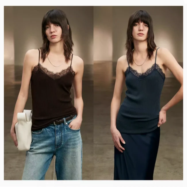 KEIGAN/开间时髦精德国BIELLA可水洗弹力修身睫毛蕾丝拼针织吊带