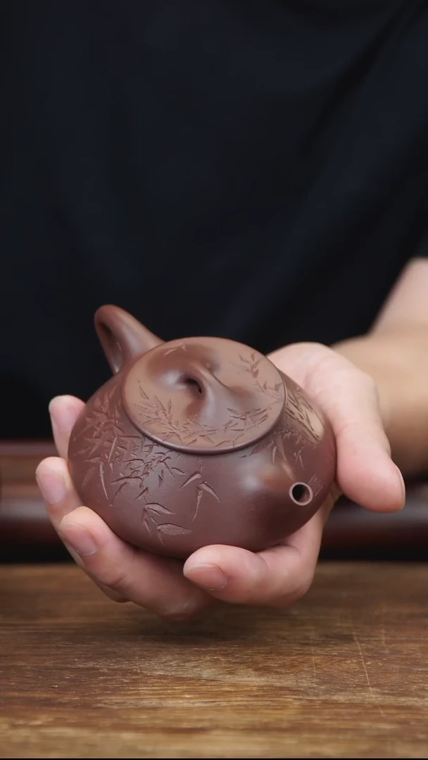 茶壶紫砂160ml 刻绘光明石瓢  家藏紫泥