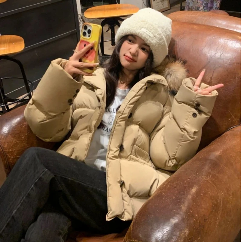 正版小个子白鸭绒羽绒服连帽女短款面包服大毛领加厚真毛外套时尚