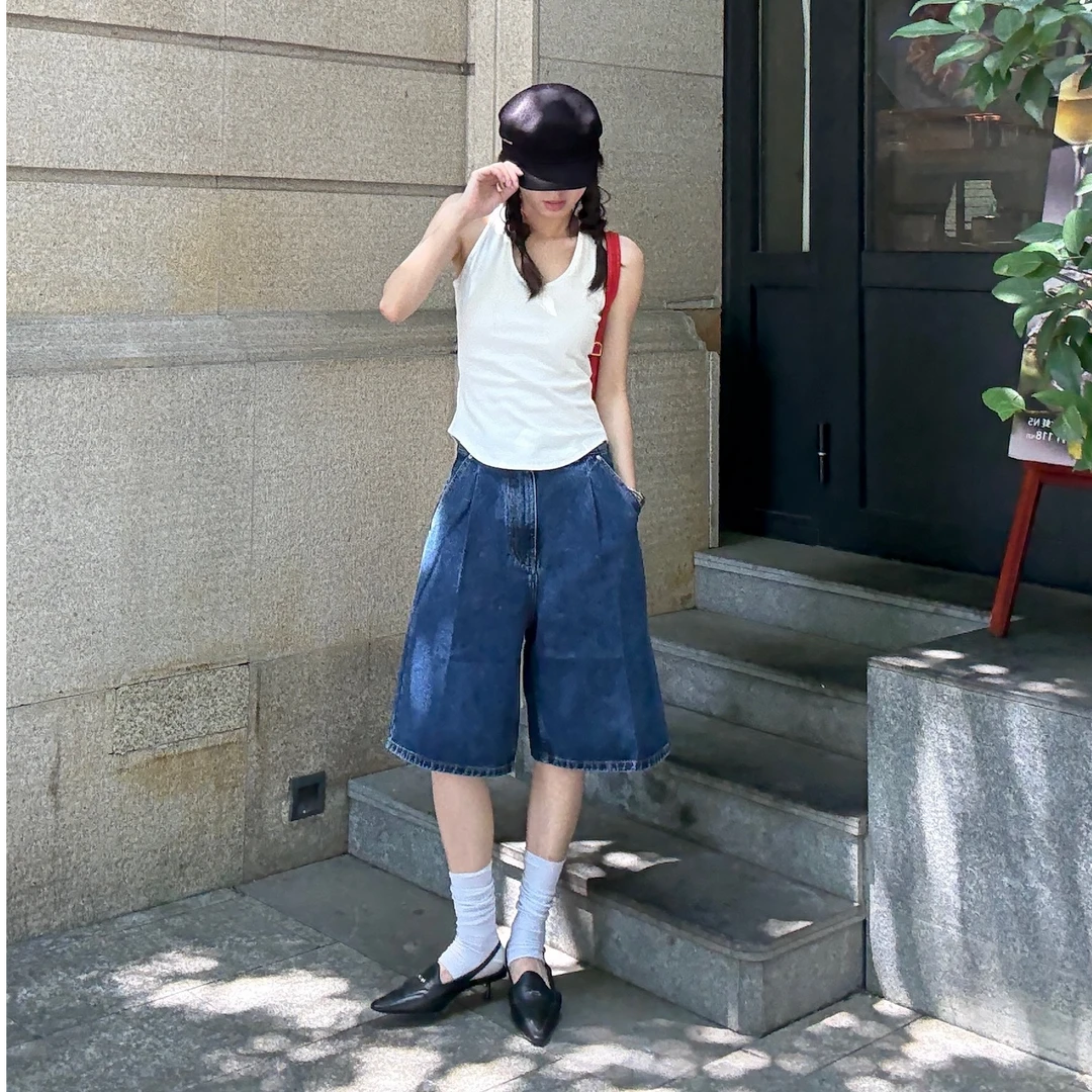 EENK 设计师品牌  25早秋牛仔阔腿裤时尚宽松阔腿高腰短裤无弹力