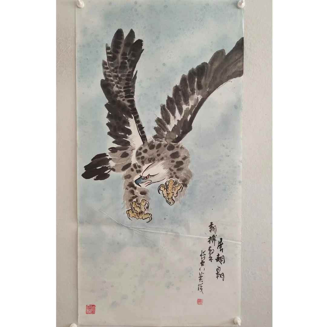 27 纯手绘老字画《鹰》中堂  尺寸 137×68
