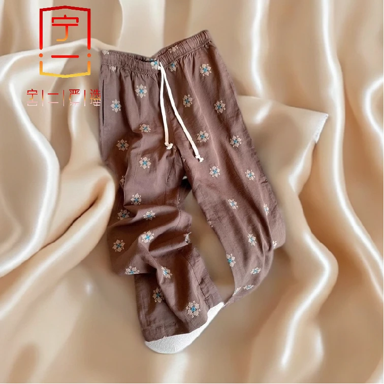 【宁一女装】时尚洋气显瘦复古小众绣花咖色休闲裤百搭夏季新款设计