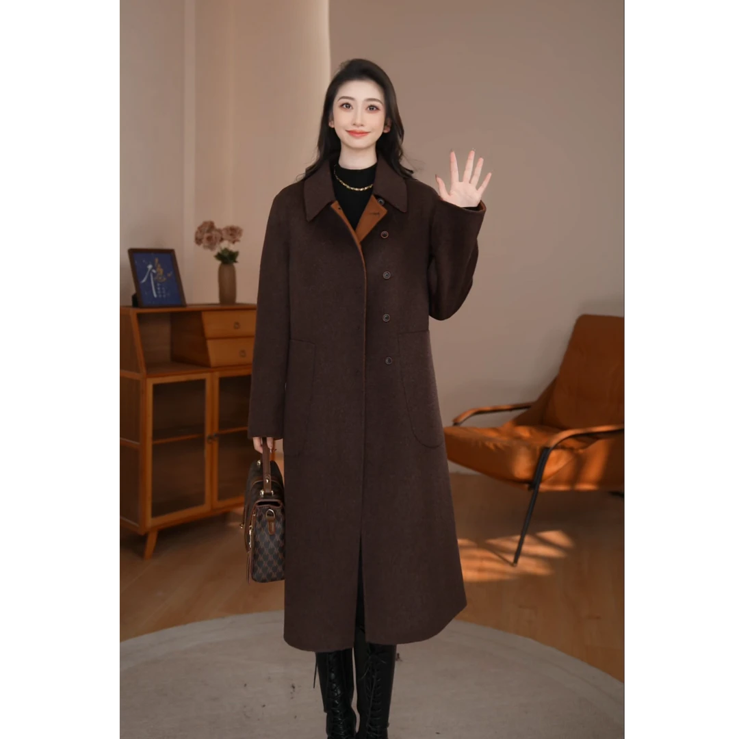 【曼贝】咖色气质时尚显白女双面呢羊毛中长款大衣8584108【甜甜】