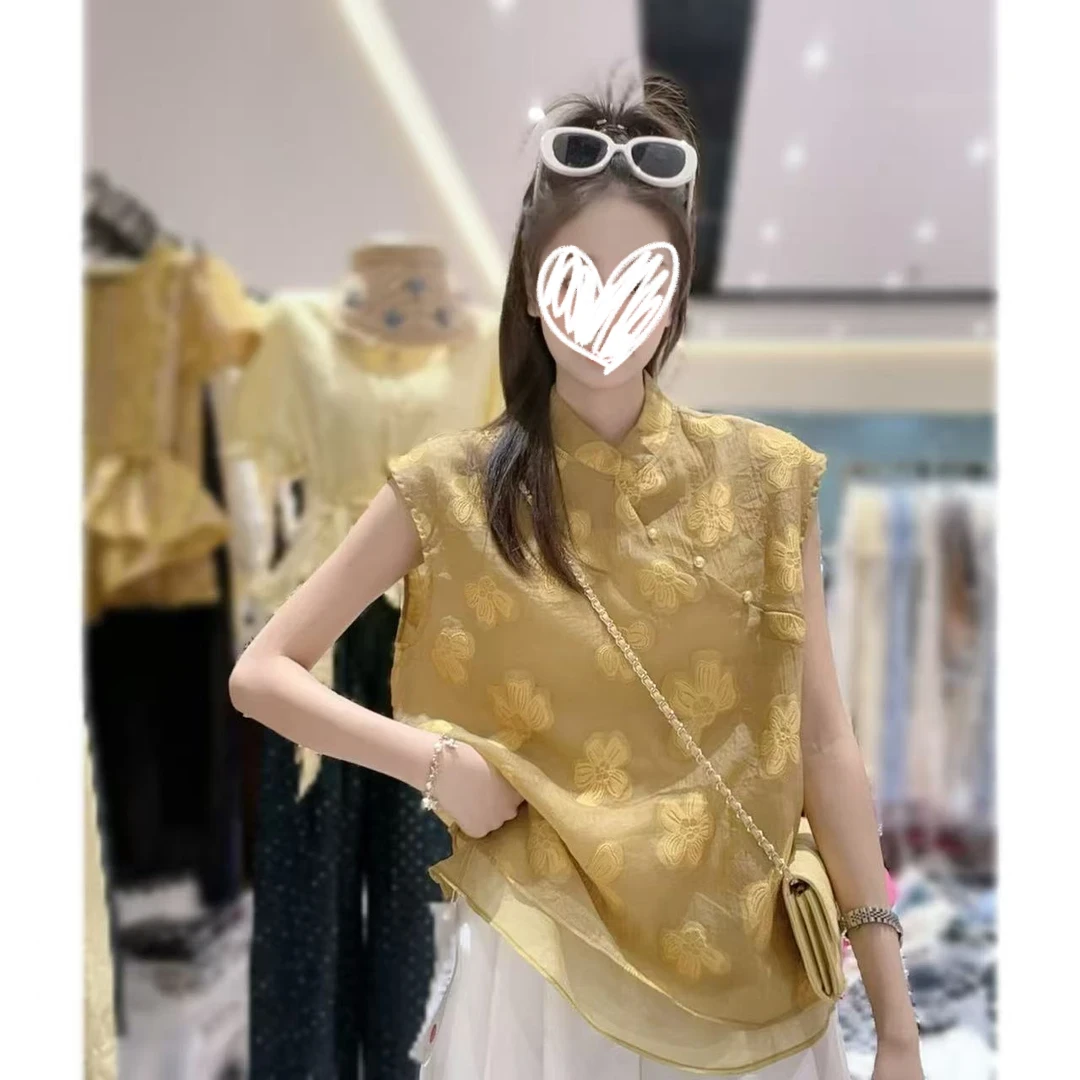 2025年夏季新款新中式时尚斜盘扣无袖刺绣花朵休闲百搭小衫1334