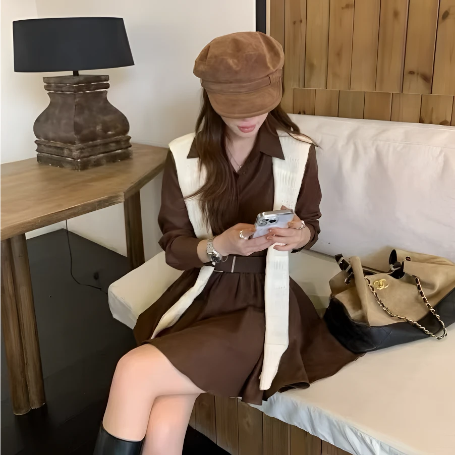 点点家女装早秋极简风拼接连衣裙时尚百搭长袖灯笼纯欲慵懒风女装
