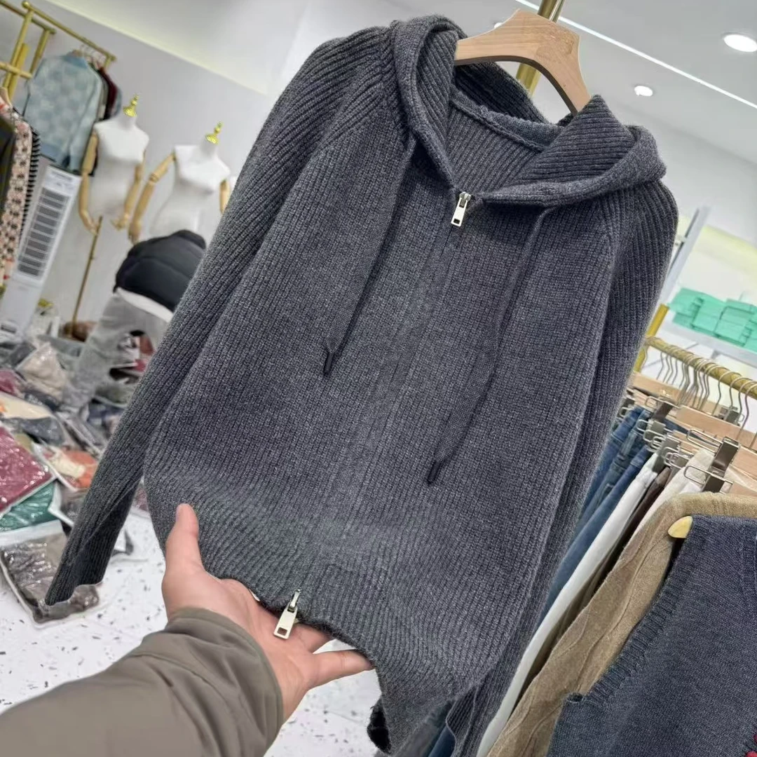 【浣熊抽绳帽一灰】时尚百搭针织衫