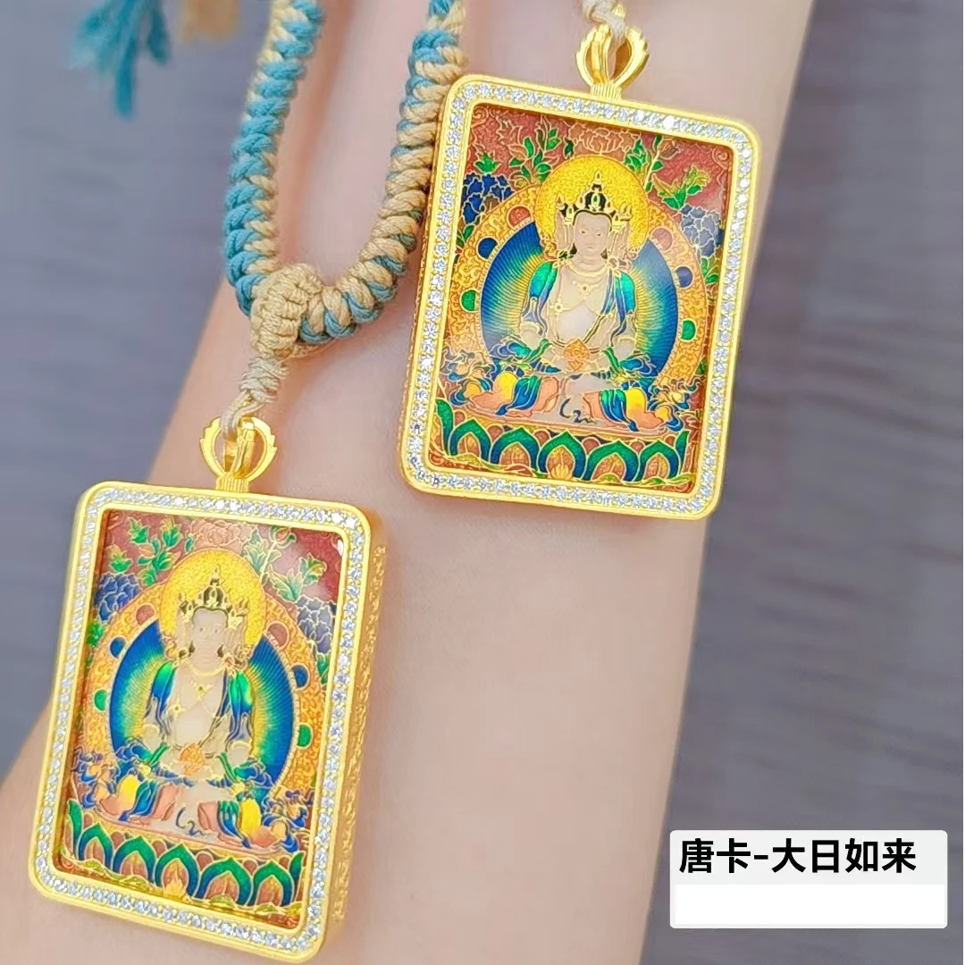黄金精工手绘唐卡吊坠点钻大日如来足金吊坠生肖八大守护佛牌挂坠