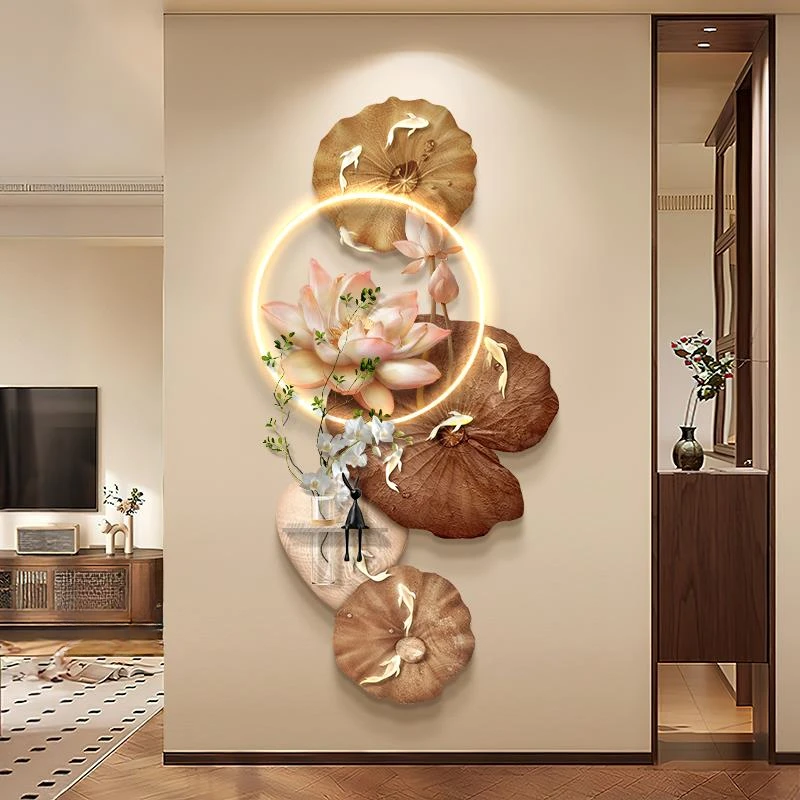 九鱼图入户玄关装饰画中古风立体砂岩走廊过道挂画水培绿植壁画