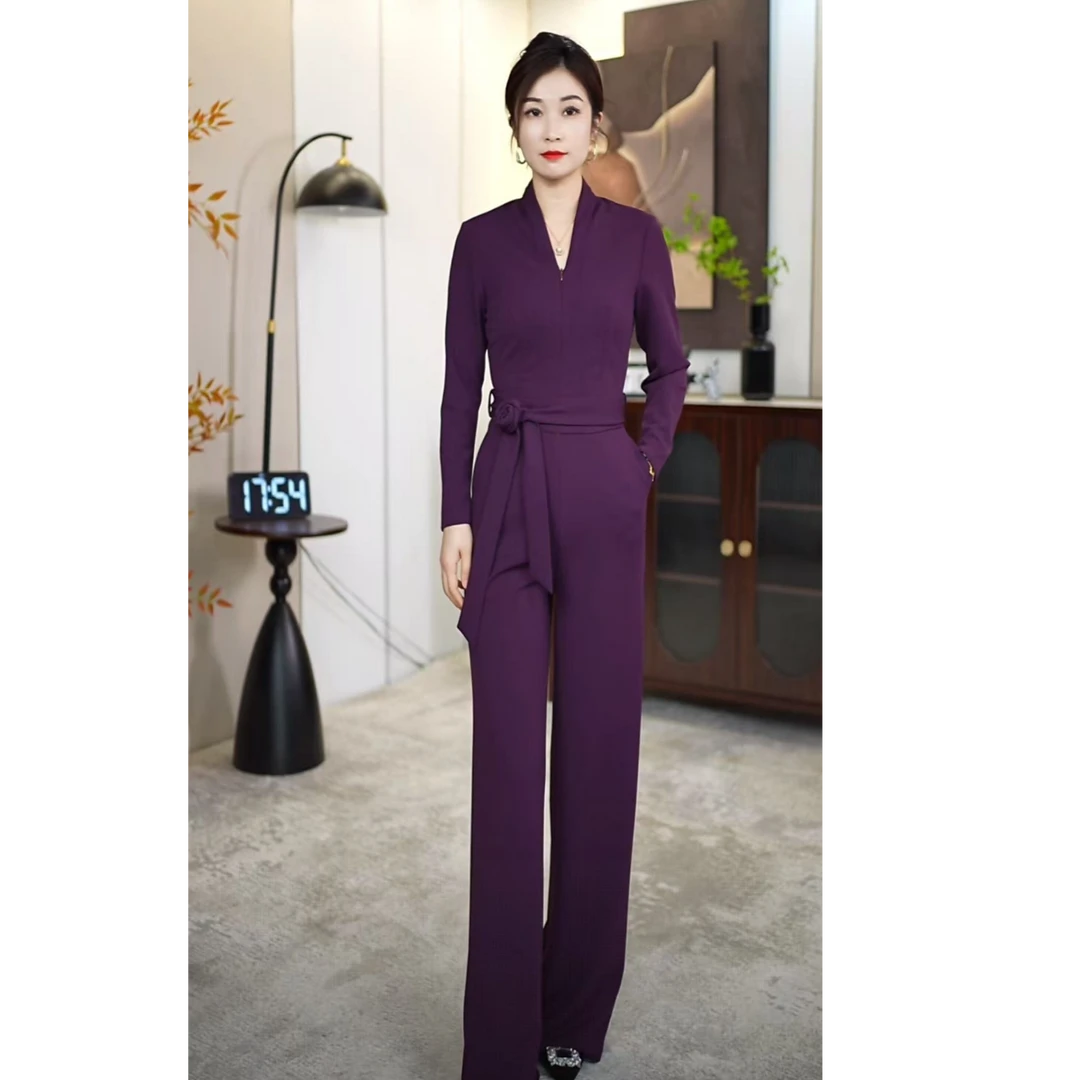 紫色连体裤女装工作服连体衣拉链春秋直筒高腰长裤百搭风