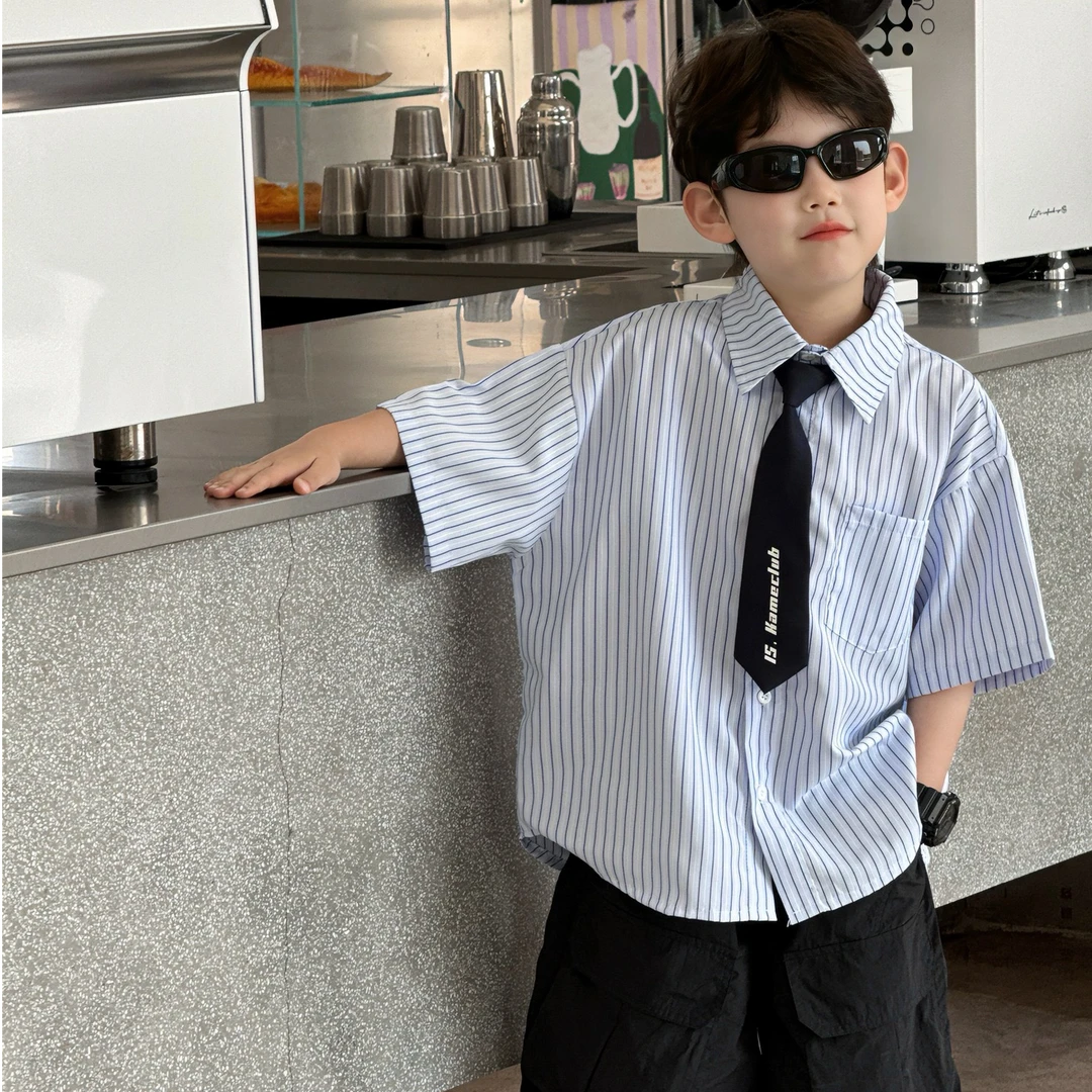 男童衬衫2025夏季新款儿童条纹短袖上衣百搭衬衣学院风韩版时尚潮