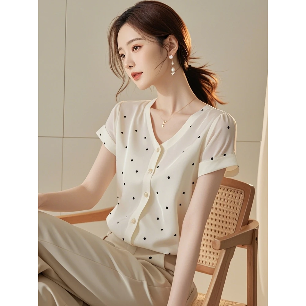 法式v领波点短袖雪纺衬衫女设计感小众夏季独特漂亮小衫绝美上衣