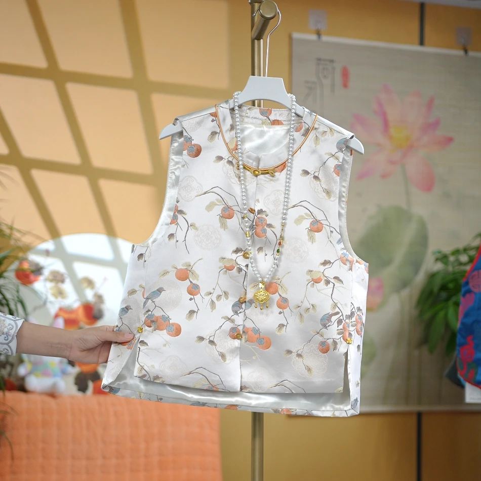 {万柿大吉}早春新款国潮风马褂中式织锦缎提花柿柿如意国风马甲