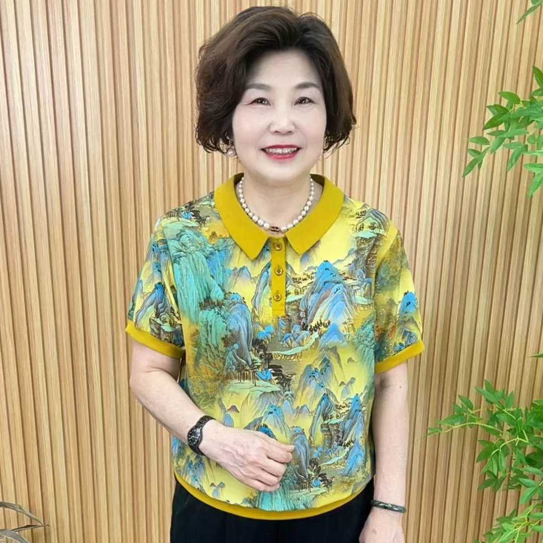 宽松型常规款山水墨画时尚薄款翻领中老年女装V8862妈妈装夏季