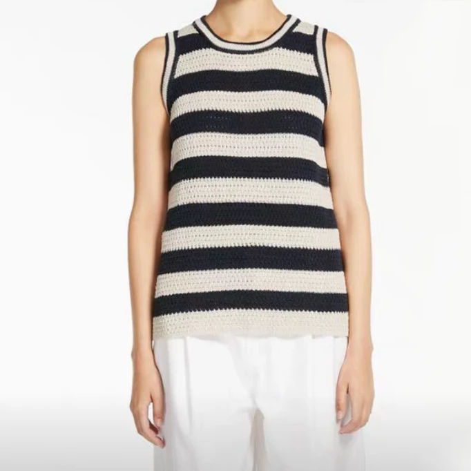 宝丫轻奢  T女式时髦复古圆领撞色条纹无袖针织背心上衣K914