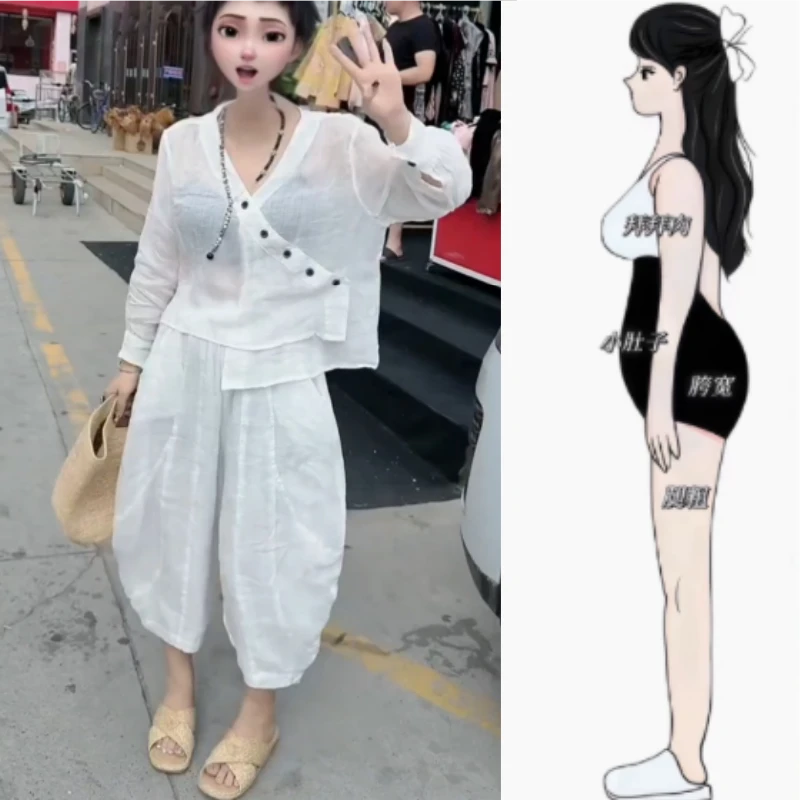 早秋新款时尚个性V领不规则微透长袖衬衫轻宽松上衣九分阔腿套装