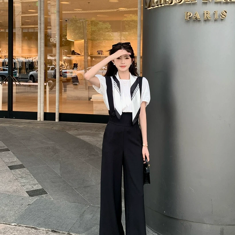 佐佐家小个子圆领短袖衬衫+垂坠感阔腿背带裤休闲套装夏季女