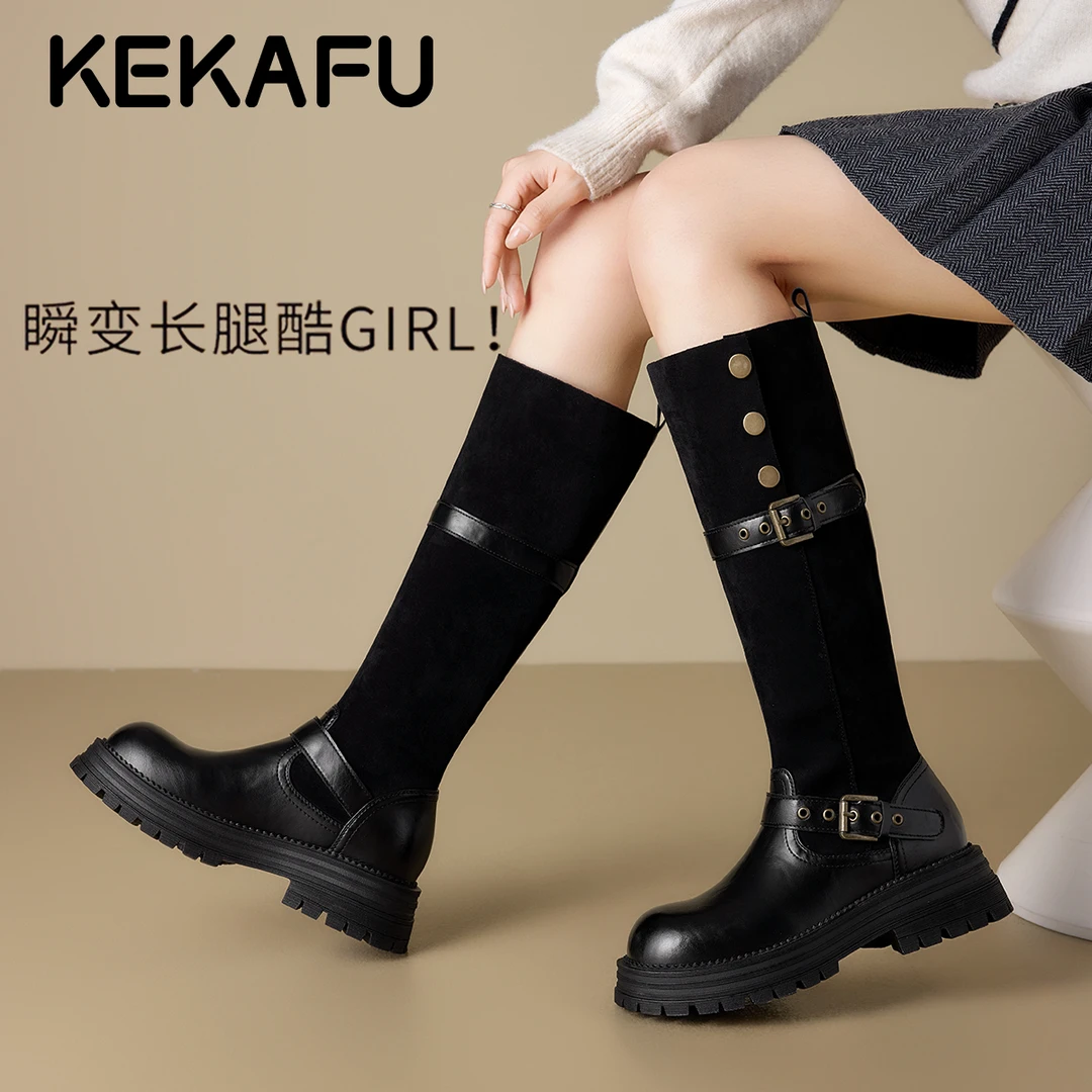 珂卡芙两穿厚底牛仔骑士靴女款2025冬季新款黑色增高休闲西部长靴