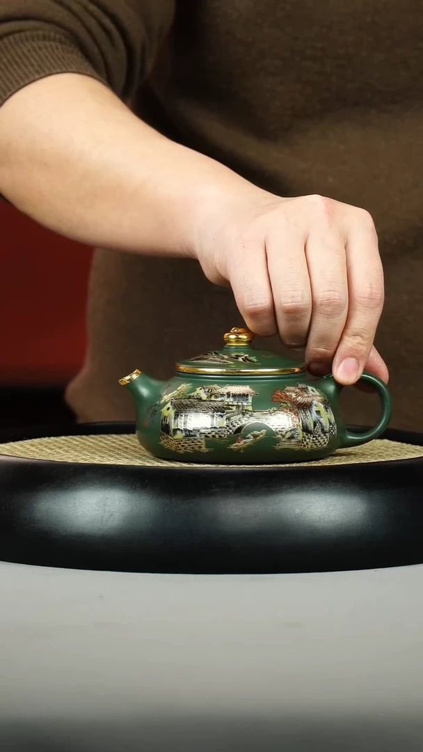 茶壶紫砂绿泥 寒江 珐琅彩 江南水乡