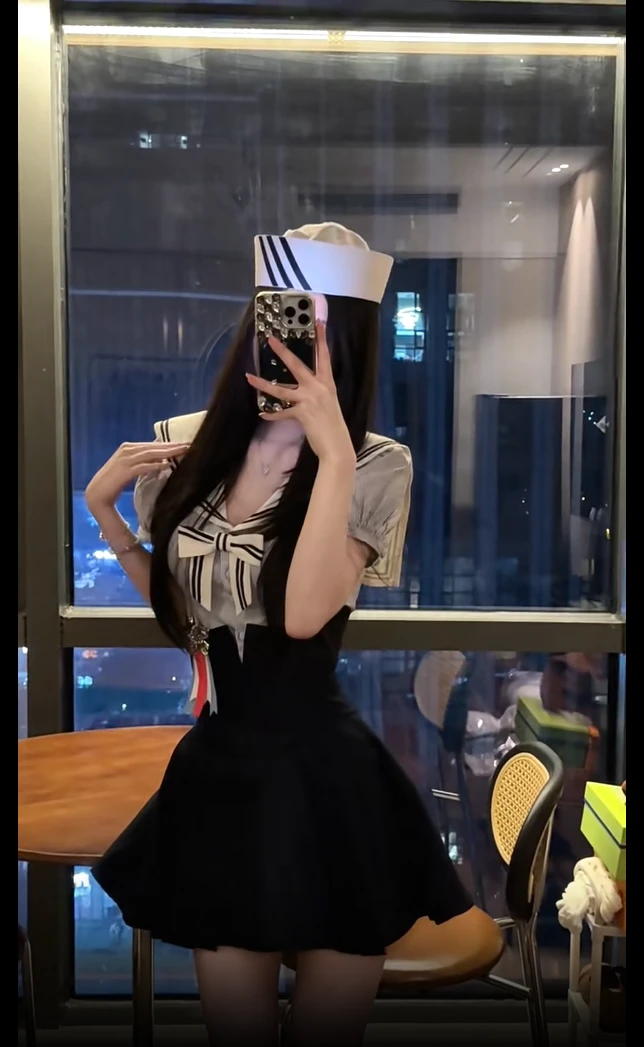 航海甜心 2025秋季新款水手领条纹蝴蝶结上衣配高腰包臀裙套装女