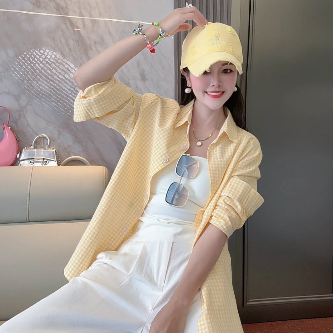女士2025夏季港风衬衫时尚韩版宽松长袖翻领开衫格子衬衫外套潮