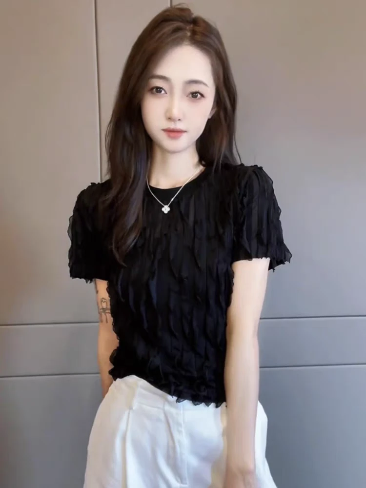 2025夏季新款韩版时尚百搭显瘦褶皱短袖T恤女设计感小众洋气上衣