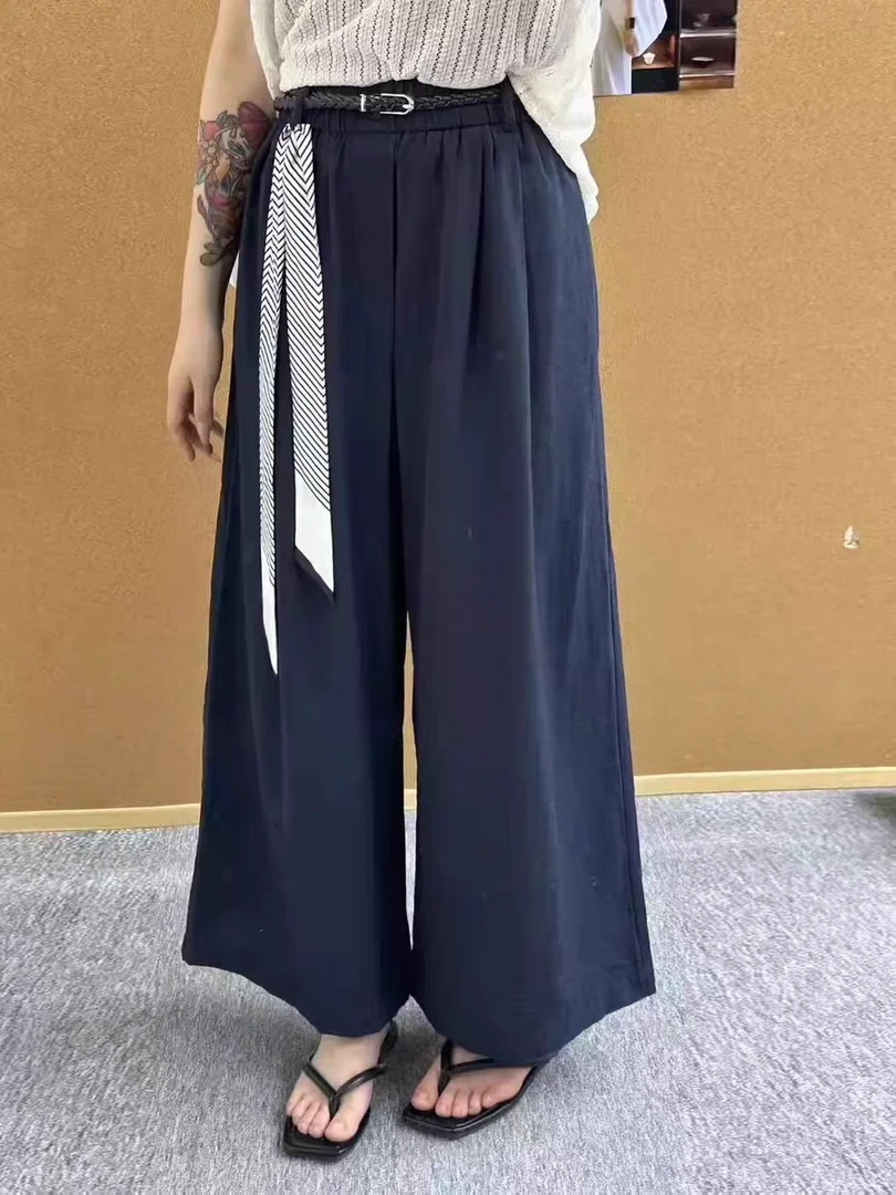 百搭时尚松紧腰飘带宽腿直筒九分休闲裤